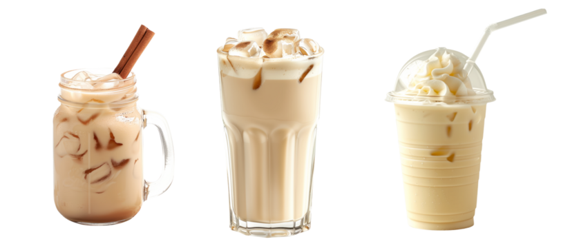 Refreshing summer drink horchata almond milk, iced coffee with milk and ice cubes isolated on white transparent background
