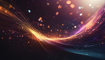 Obraz premium The golden line data graph is wavy in the air. The background is a dark surface with reflections that look like studio lights.