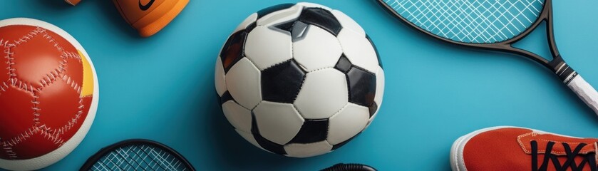 Fototapeta premium A collection of sports equipment including a soccer ball, tennis racquets, and shoes.
