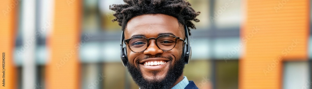 Wall mural the concept is customer service. a man with glasses and a beard is smiling and wearing headphones