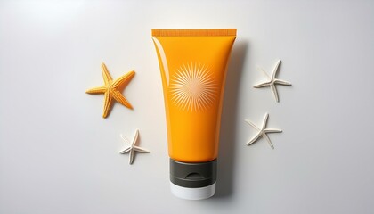 top view of a sunscreen tube symbolizing the essence of a summer beach vacation and emphasizing the importance of sun protection for healthy tanning and skin care isolated on a white background