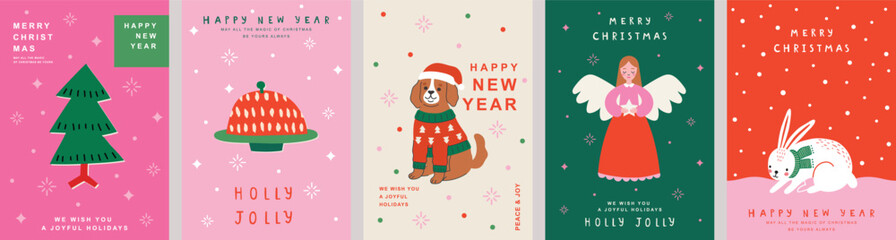 Christmas Minimalist card set - abstract Holidays flyers. Lettering with Christmas and New Year decorative elements. Vector illustration.