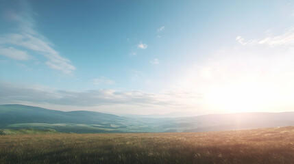 Fototapeta premium Sunset over a Field of Green, sky, clouds, grass, landscape, nature
