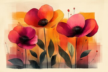 Three vibrant poppies in bloom.