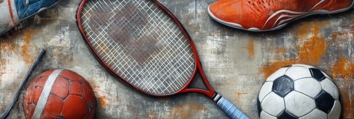 A collection of sports equipment including a tennis racket, soccer ball, and basketball.