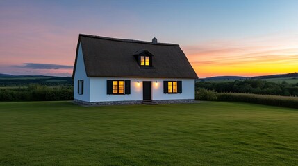 Obraz premium Straw roof cottage at sunset, tranquil and rustic