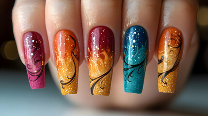 Nail Art Design - Abstract Gradient with Glitter and Swirls