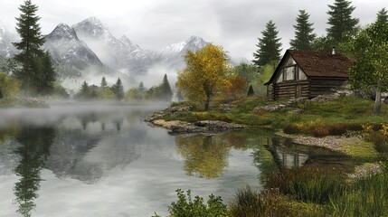 Obraz premium Rustic Cabin by a Serene Lake with Snow-Capped Mountains in the Background