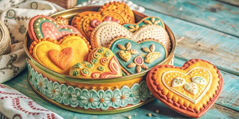A vintage tin filled with intricately decorated heart-shaped cookies, a symbol of love and sweetness, displayed on a rustic wooden table.