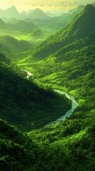 Breathtaking Verdant Landscape with Serene River Flowing Through Lush Mountains and Vegetation