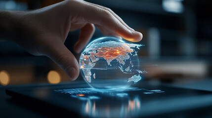 
Entrepreneur analyzing global market trends with industry data visualized on a holographic globe, 