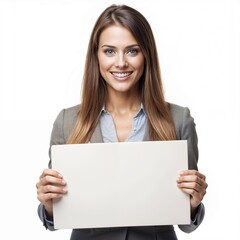 Naklejka premium Smiling women holding small blank poster in front of her