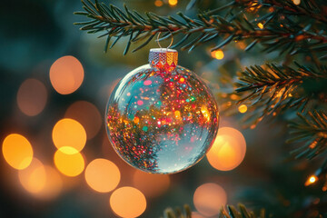 Obraz premium A Christmas tree with a glass ornament hanging from it. The ornament is a clear ball with a blue and green design. The tree is lit up with lights, creating a warm and festive atmosphere