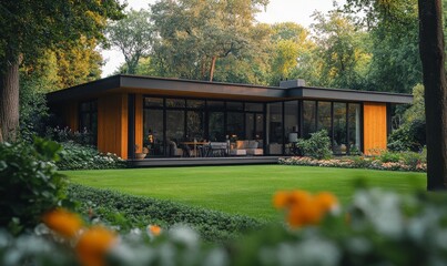 Modern house surrounded by lush greenery and vibrant flowers in a serene outdoor setting