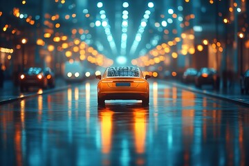 Fototapeta premium An orange car driving down a city street at night.