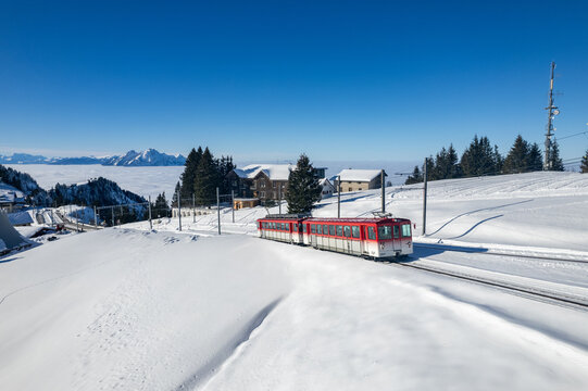 red vitznau rigibahn train at rigi staffel