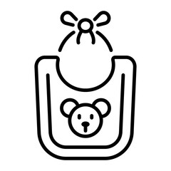 A line icon of a baby bib with a bow and a bear design