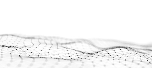 Wave in black and white. Big data visualization. Abstract background with interlacing dots. 3D rendering.