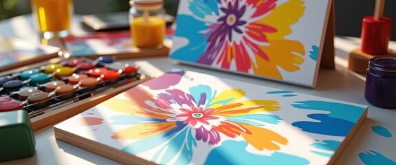 A painting of a flower with a bright, colorful background. The painting is on a table with other art supplies, including paint and brushes. The mood of the painting is cheerful and lively