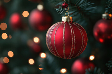 Obraz premium A red ornament hangs from a tree. The tree is decorated with many red ornaments. The tree is lit up with lights
