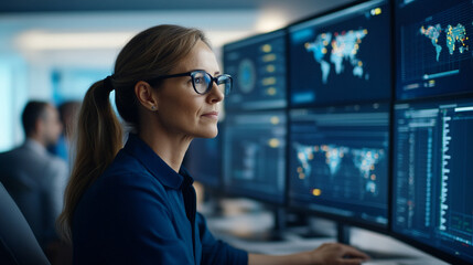 
Diverse group of engineers in a control room, monitoring multiple wind turbines through a large digital screen, 