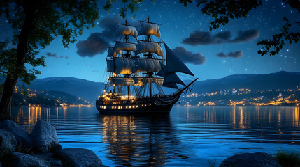 Obraz premium Sailing Ship at Night - Digital Illustration