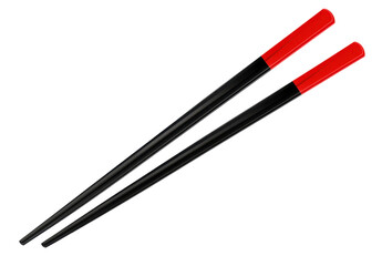 A pair of black chopsticks with red tips, commonly used in Asian cuisine, displayed against a white background. transparent background