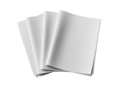 A simple stack of blank white sheets of paper arranged in a slightly fanned out manner against a white background. transparent background