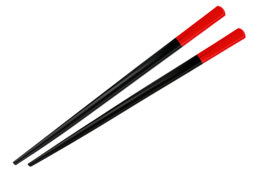 A pair of black chopsticks with red tips, commonly used in Asian cuisine, displayed against a white background. transparent background