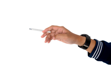 Isolated hand gesture with a lit cigarette, highlighting the risks and consequences of tobacco addiction and health awareness. png file. transparent background