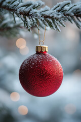 A red ornament hanging from a tree branch. The ornament is covered in snow and has a gold trim. The scene is set in a winter landscape, with the snow-covered tree branch