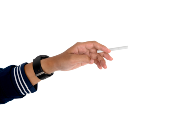Isolated hand gesture with a lit cigarette, highlighting the risks and consequences of tobacco addiction and health awareness. png file. transparent background