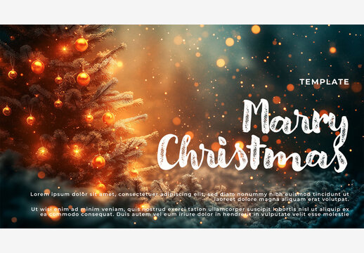Holiday Templates: Christmas Tree with Lights & Snow, Merry Christmas Message, Snowflakes & Bokeh Lights in a Dark, Festive Wonderland Generative AI
