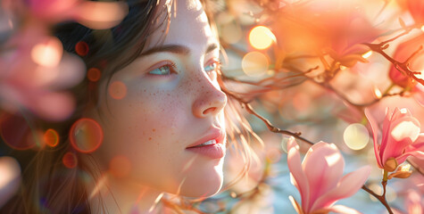 Fototapeta premium A serene moment among blooming magnolias, capturing spring's beauty and tranquility