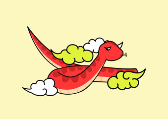 A playful red snake slithers through the clouds. Chinese zodiac sign. Vector illustration. New Year mascot.