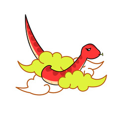 A playful red snake slithers through the clouds. Chinese zodiac sign. Vector illustration. New Year mascot.