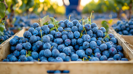 Fresh Blue Plums in a Wooden Crate, fresh plums, fruit, fruit basket, fruit harvest, fruit stand