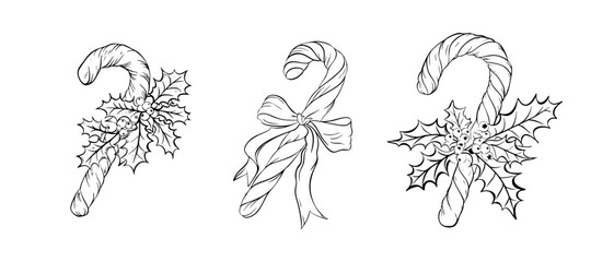 Three Christmas candy canes decorated with holly leaves, berries, and bows in black and white line art style