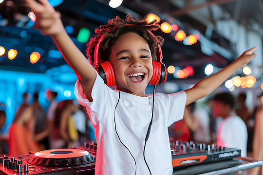 Ni&ntilde;o con auriculares haci&eacute;ndose pasar por DJ, rodeado de m&uacute;sica de fondo