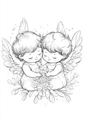 line-art of two cherubs simple, clean outlines " ai generated "