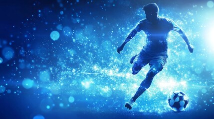 A silhouette of a soccer player kicking the ball in a blue and white background.