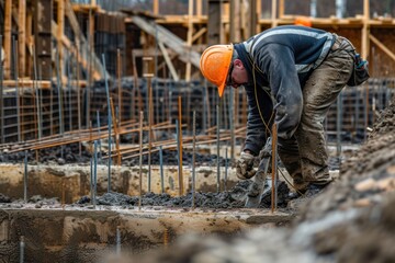 A construction worker is installing the formwork on the construction site hardhat helmet adult.