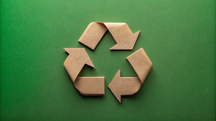 A unique recycling symbol crafted from brown paper is centered on a vibrant green background, illustrating the importance of recycling and environmental consciousness