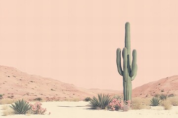 Minimalist desert landscape with tall cactus and soft pastel tones