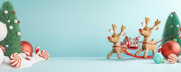 Obraz premium Cute gingerbread reindeer pulling a candy sleigh in a whimsical Christmas wonderland, 3D illustration