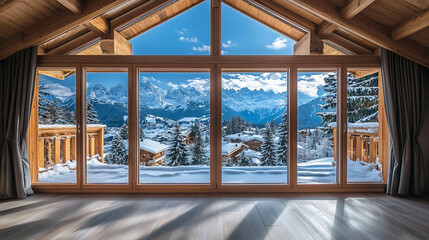 A wooden chalet with a large window with winter landscape views