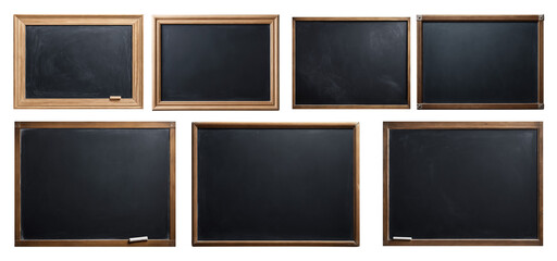 Empty chalkboards set with wooden frame, isolated on transparent background. 