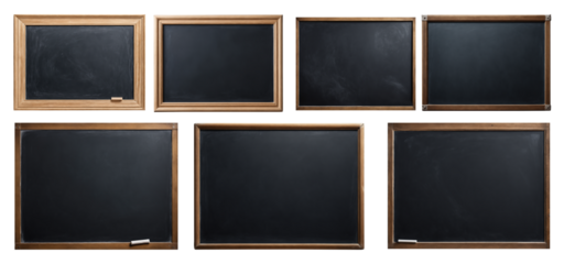 Empty chalkboards set with wooden frame, isolated on transparent background. 