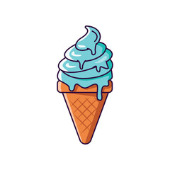 Cute melting blue ice cream cartoon with waffle cone isolated on white background. Ice cream vector illustration