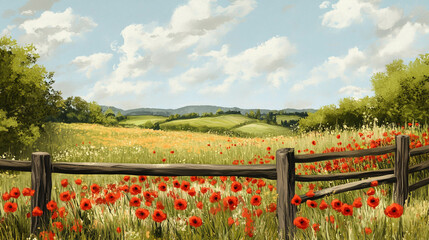 Fototapeta premium Illustration of a poppy farm from a fence 